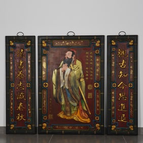 Group of Three Lacquerware Carved Character and Poetry Pattern Wall Panel