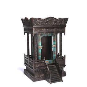 Red Sandalwood Inlaid Bronze Cloisonne Carved Flower Pattern Buddha Niche