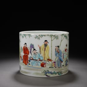 Famille Rose Bamboo and Character Story Pattern Porcelain Brush Pot