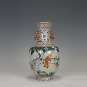 Famille Rose Playing Children Pattern Double Ears Porcelain Vase