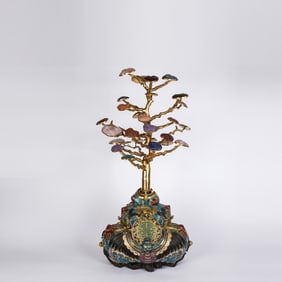 Bronze Cloisonne Carved Flower Pattern Reishi Mushroom Shape Ornament