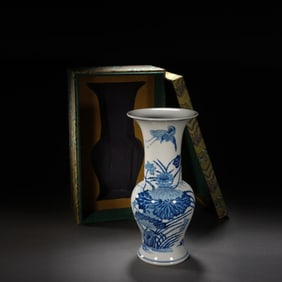 Blue and White Lotus Flower and Bird Pattern Porcelain Zun
