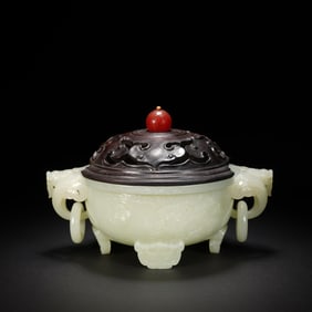 Jade Carved Reishi Mushroom and Bat Pattern Double Ears Incense Burner