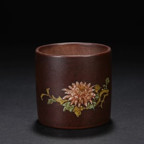 Purple Clay Colour Painted Flower Pattern Brush Pot