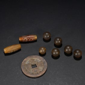 Group of  Nine Agate Bead and Chinese Coin