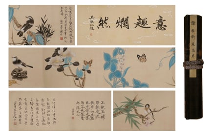 Chinese Drawing Flower and Bird Hand Scroll,Xie Zhiliu Mark