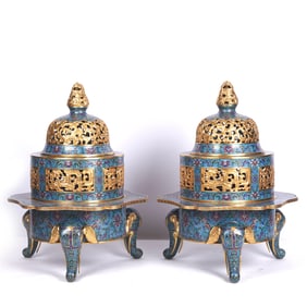 Pair of Bronze Cloisonne Carved Flower Pattern Three Elephant Foots Incense Burner