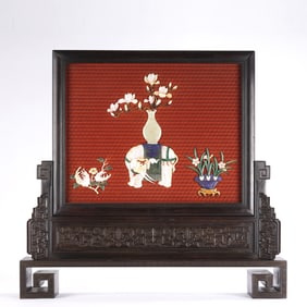 Red Sandalwood Inlaid Gem Stone and Lacquerware Red Carved Elephant and Flower Pattern Table Plaque