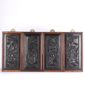 Group of Four Rosewood Carved Character Story Pattern Wall Panel