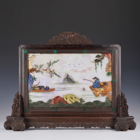 Jadeite Multi GemStone Inlaid Carved Character Story Pattern Table Plaque