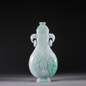 Jadeite Carved Eight Treasure and Shou Pattern Double Ears Vase