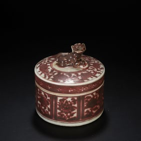 Red Inglazed Flower Pattern Porcelain Lid Pot and Lion Shape Lid