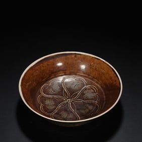 Brown Glazed Carved Flower Pattern Porcelain Bowl