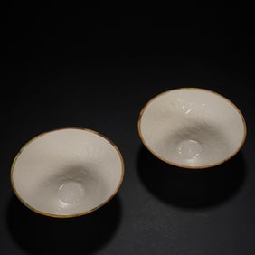 Pair of Ding Ware Carved Flower Pattern Porcelain Bowl