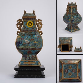 Bronze Cloisonne Carved Crane Pattern Double Dragon Ears Zun