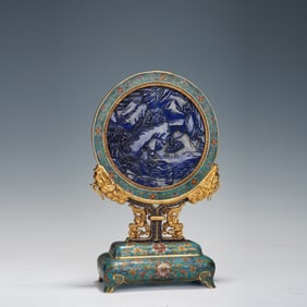 Bronze Cloisonne Inlaid Lapis Carved Character and Landscape Pattern Table Plaque