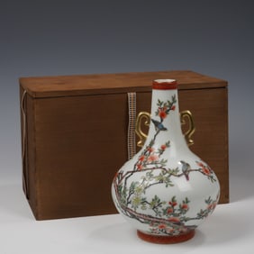 Famille Rose Flower and Bird Pattern Double Ears Porcelain Vase