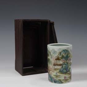 Famille Rose Character Story and Landscape Pattern Porcelain Brush Pot
