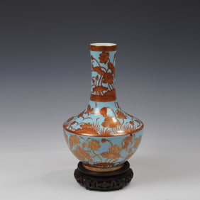 Blue Glazed Gold Drawing Lotus Flower Pattern Porcelain Vase