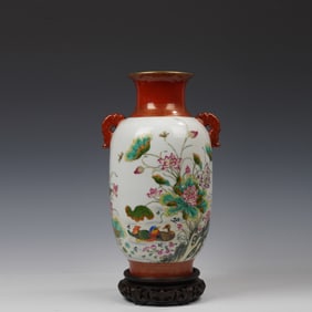 Famille Rose Lotus Flower and Quail Pattern Porcelain Vase