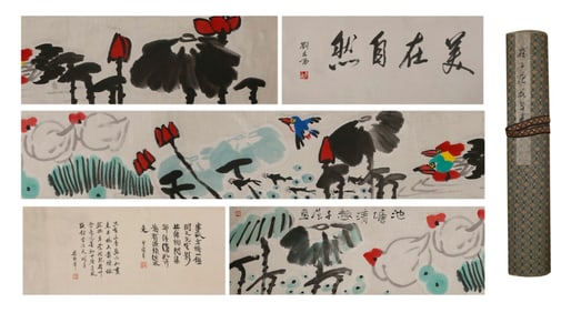 Chinese Drawing Lotus Flower and Bird Hand Scroll,Cui Zifan Mark