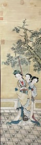 Chinese Drawing Beauty Story Silk Painting,Jiao Bingzhen Mark