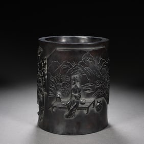 Red Sandalwood Carved Character Pattern Brush Pot
