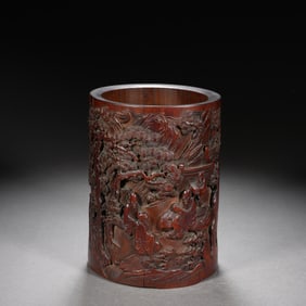 Bamboo Carved Pine Tree and Character Pattern Brush Pot