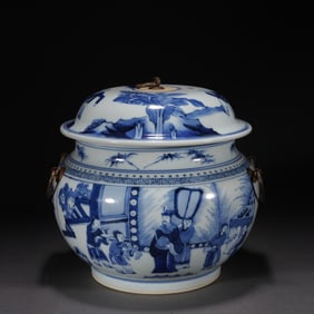 Blue and White Character Story Pattern Porcelain Lid Pot