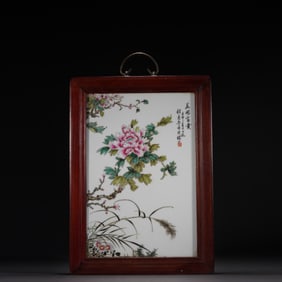 Red Sandalwood Inlaid Famille Rose Flower Pattern Porcelain Wall Panel