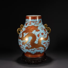 Light Grey Glazed Gold Drawing Famille Rose Dragon Pattern Double Ears Porcelain Zun