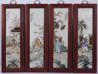 Group of Four Famille Rose Character Story Pattern Porcelain Wall Panel