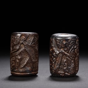 Pair of Agarwood Carved Flower Pattern Ornament