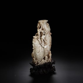 Jade Carved Dragon and Fish Shape Flower Pot Ornament