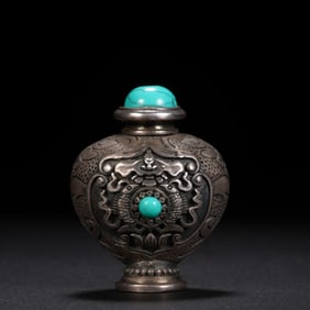 Tibetan Silver Inlaid Turquoise Carved Flower Pattern Snuff Bottle