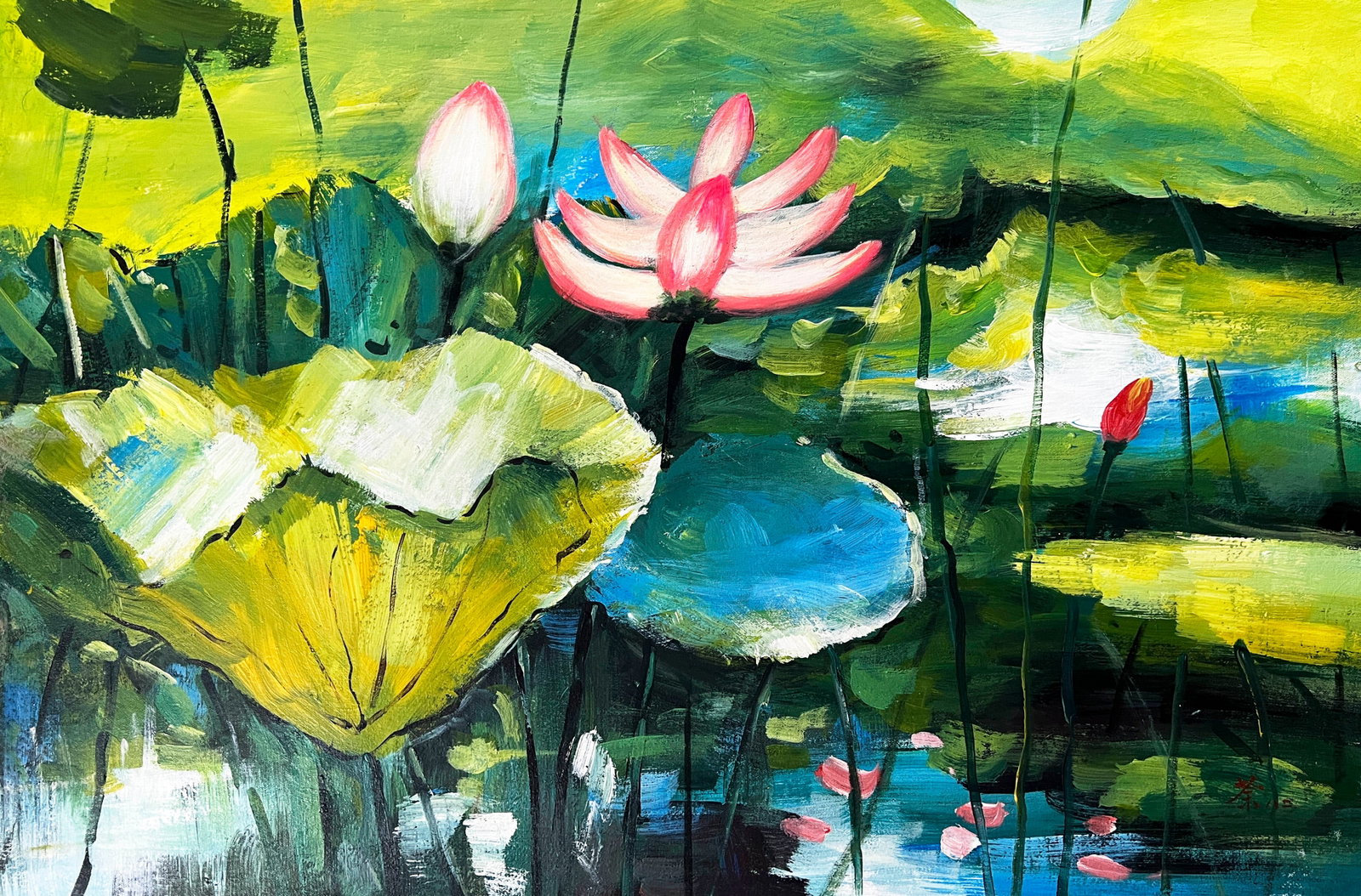 Chinese Lotus Pond Painting, Oil on Canvas Wu Guanzhong Mark: Chinese Lotus Pond Painting, Oil on Canvas Wu Guanzhong Mark Length:90cm, Width:60cm,