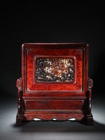 Rosewood Inlaid Agate Carved Chi Dragon Pattern Table Plaque