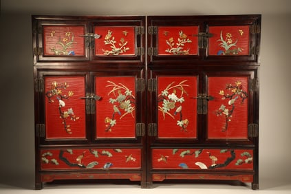 Pair of Huanghuali Wood Inlaid Lacquerware and Multi GemStone Carved Flower and Bird Pattern Cabinet