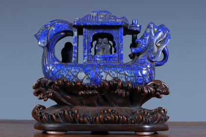 Lapis Carved Character and Dragon Shape Boat Ornament