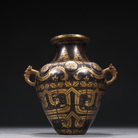 Bronze Gold and Silver Inlaid Carved Dragon Pattern Double Ears Cup