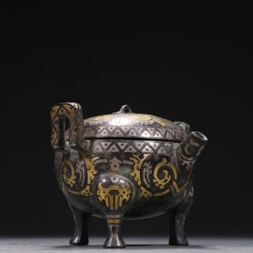 Chinese Bronze Gold and Silver Inlaid Carved Dragon Pattern Double Ears Incense Burner