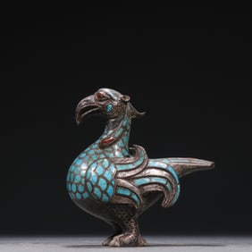 Bronze Gold and Silver Inlaid Turquoise Carved Bird Shape Ornament