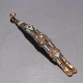 Bronze Gold and Silver Inlaid Turquoise Carved Dragon Shape Belt Hook