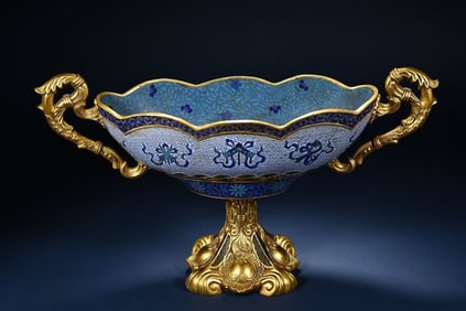 Bronze Cloisonne Carved Eight Treasure Pattern Double Ears Cup