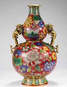 Bronze Cloisonne Carved Flower Pattern Double Beast Ears Gourd Shape Vase