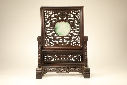Red Sandalwood Inlaid Jadeite Carved Landscape Pattern Table Plaque
