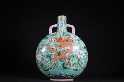 Famille Rose Flower and Dragon Pattern Porcelain Moon Shaped Vase