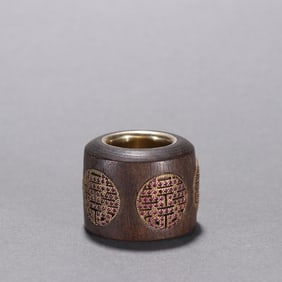 Agarwood Inlaid Gem Stone and Gilt Silver Carved Shou Pattern Thumb Ring
