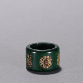 Jasper Jade Inlaid Gem Stone Carved Shou Pattern Thumb Ring