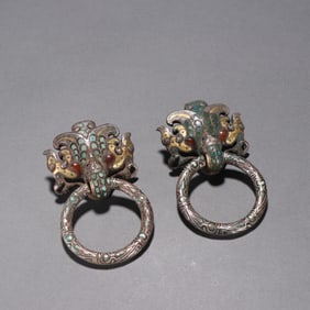 Pair of Bronze Gold and Silver Inlaid Carved Beast Face Pattern Ornament